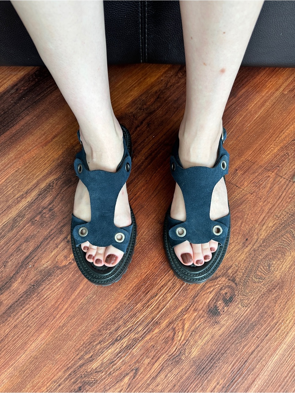 Rachel Comey Navy Indigo Suede Grommet T-Strap Koa Sandals